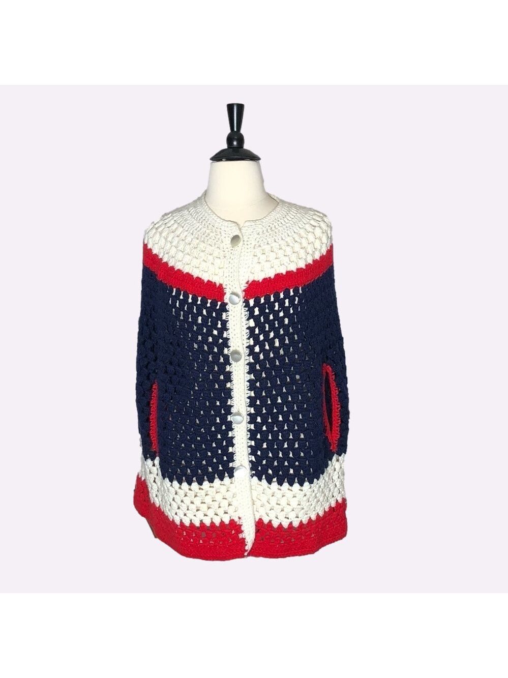 Vintage 80s 90s Wool Crocheted Poncho Cape Red White Blue Large XL